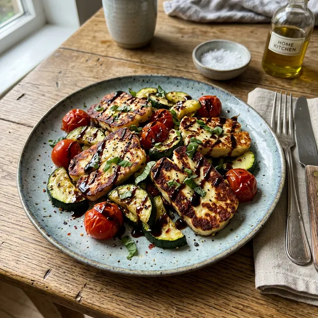 Vegetarian halloumi pan with cherry tomatoes and courgette