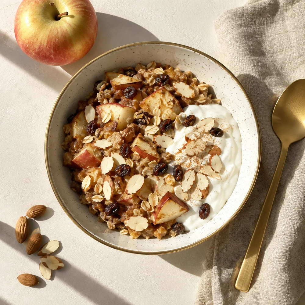 Vegetarian baked apple oats with almonds and yoghurt