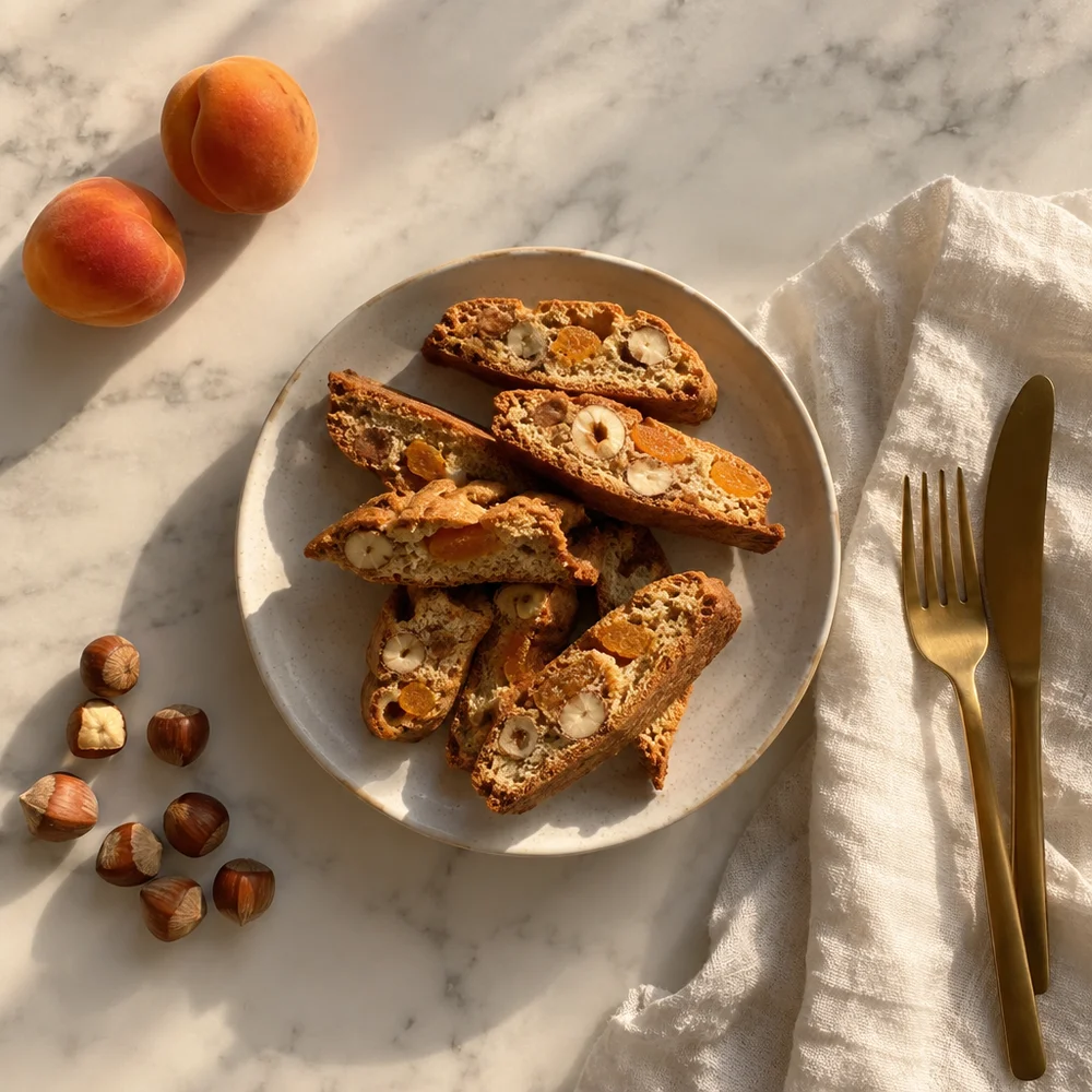 Vegetarian spelt cantuccini with hazelnuts and apricots