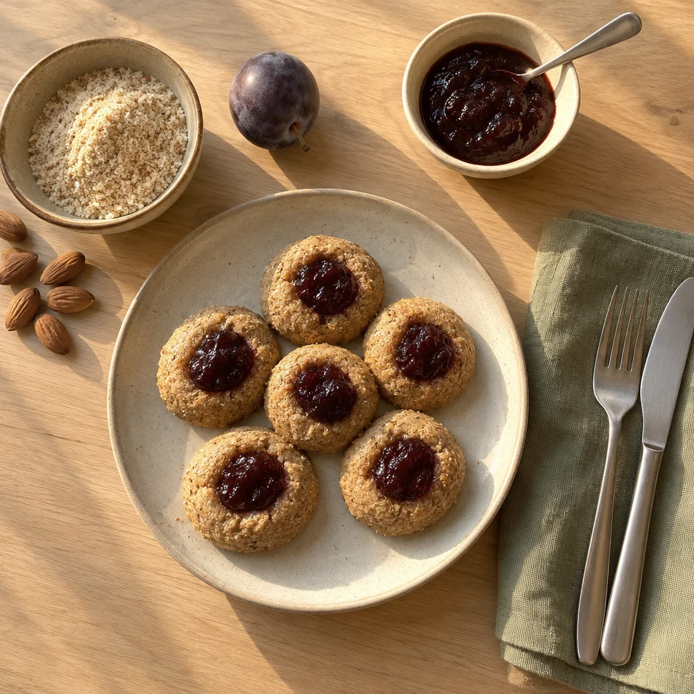 Vegetarian Engelsaugen (thumbprint cookies) with wholemeal spelt and plum butter