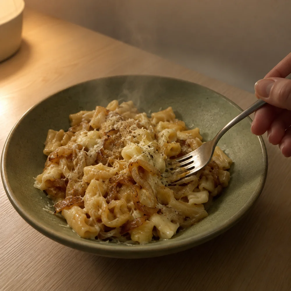 Vegetarian one-pot French onion pasta with Alpine cheese