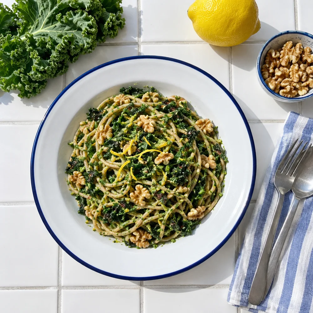 Vegetarian kale pesto pasta with walnuts and lemon