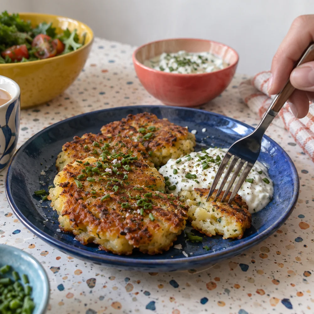 Vegetarian potato cakes from leftover mash with chive quark