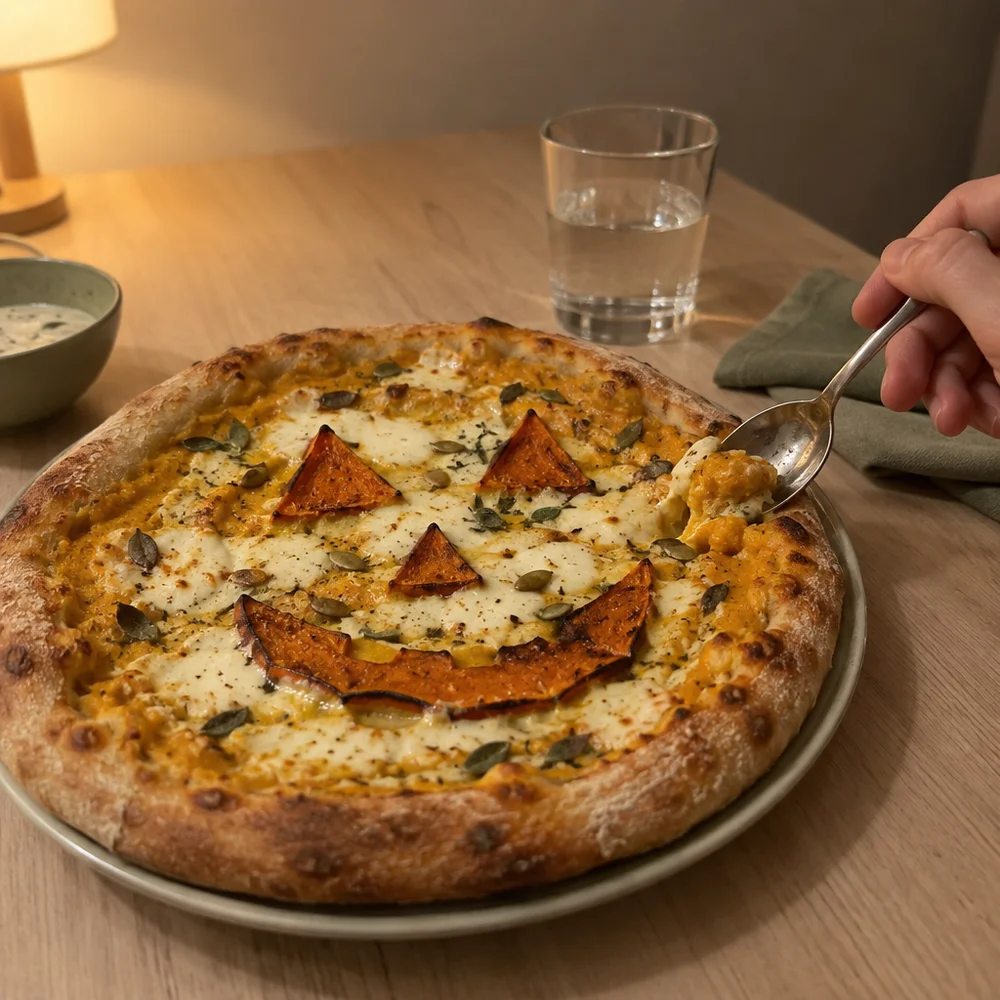 Vegetarian pumpkin face pizza with Hokkaido squash cream and mozzarella