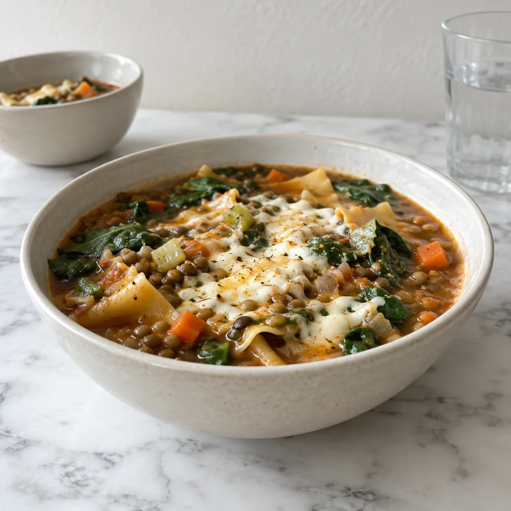 Vegetarian lentil lasagne soup with spinach and mozzarella