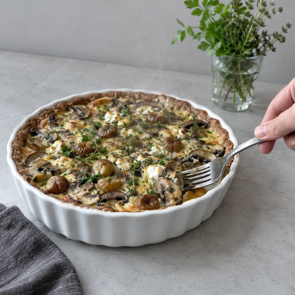 Vegetarian chestnut and mushroom quiche for Christmas brunch
