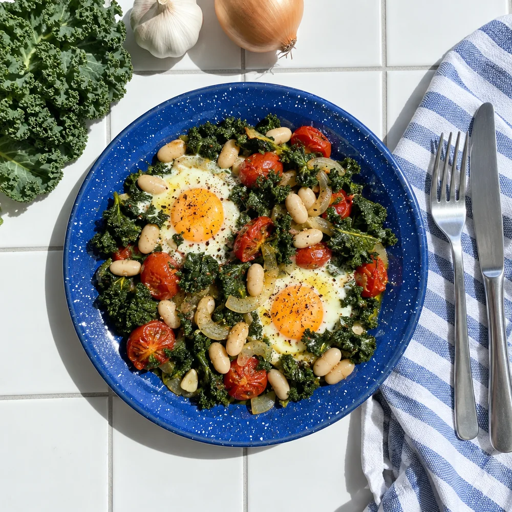 Vegetarian baked eggs with kale, beans and tomatoes
