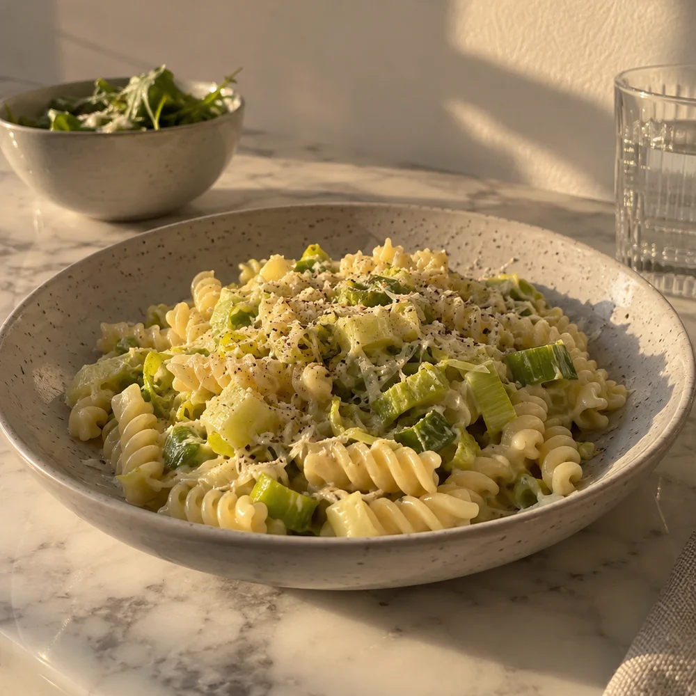 Vegetarian one-pot leek pasta with cream cheese and Alpine cheese