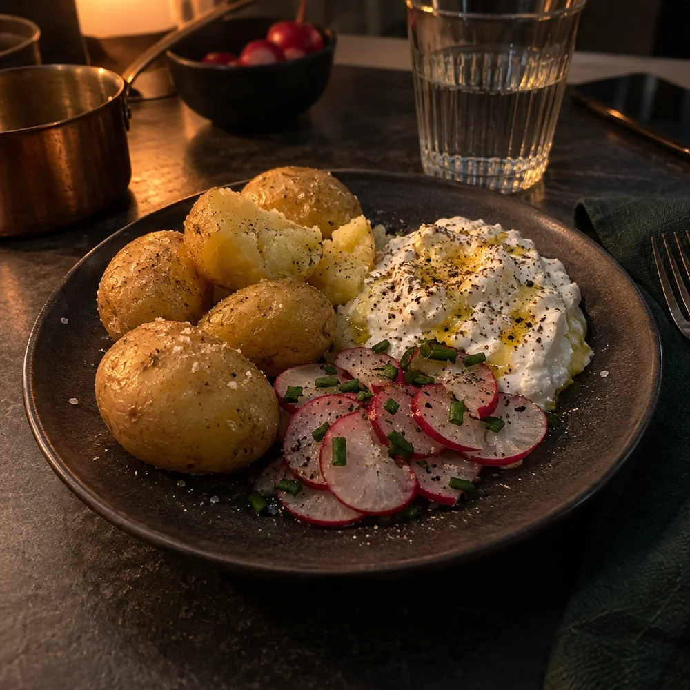 Vegetarian potatoes in their skins with linseed oil quark and radishes