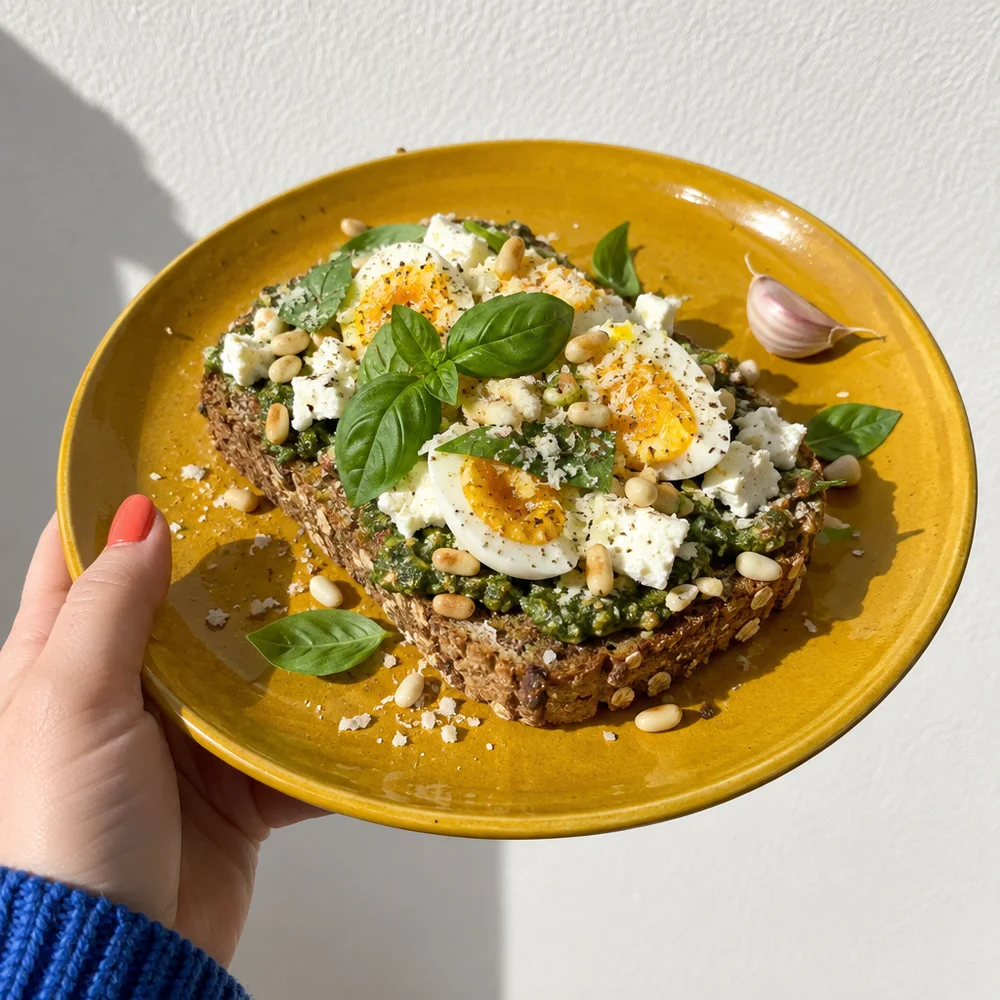 Vegetarian pesto eggs with feta on wholegrain bread