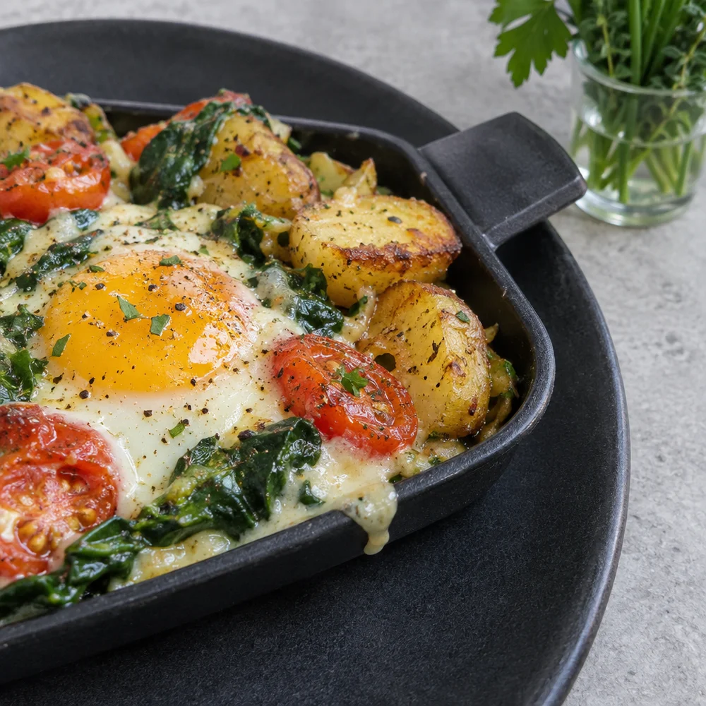 Vegetarian raclette pans with egg, spinach and tomatoes