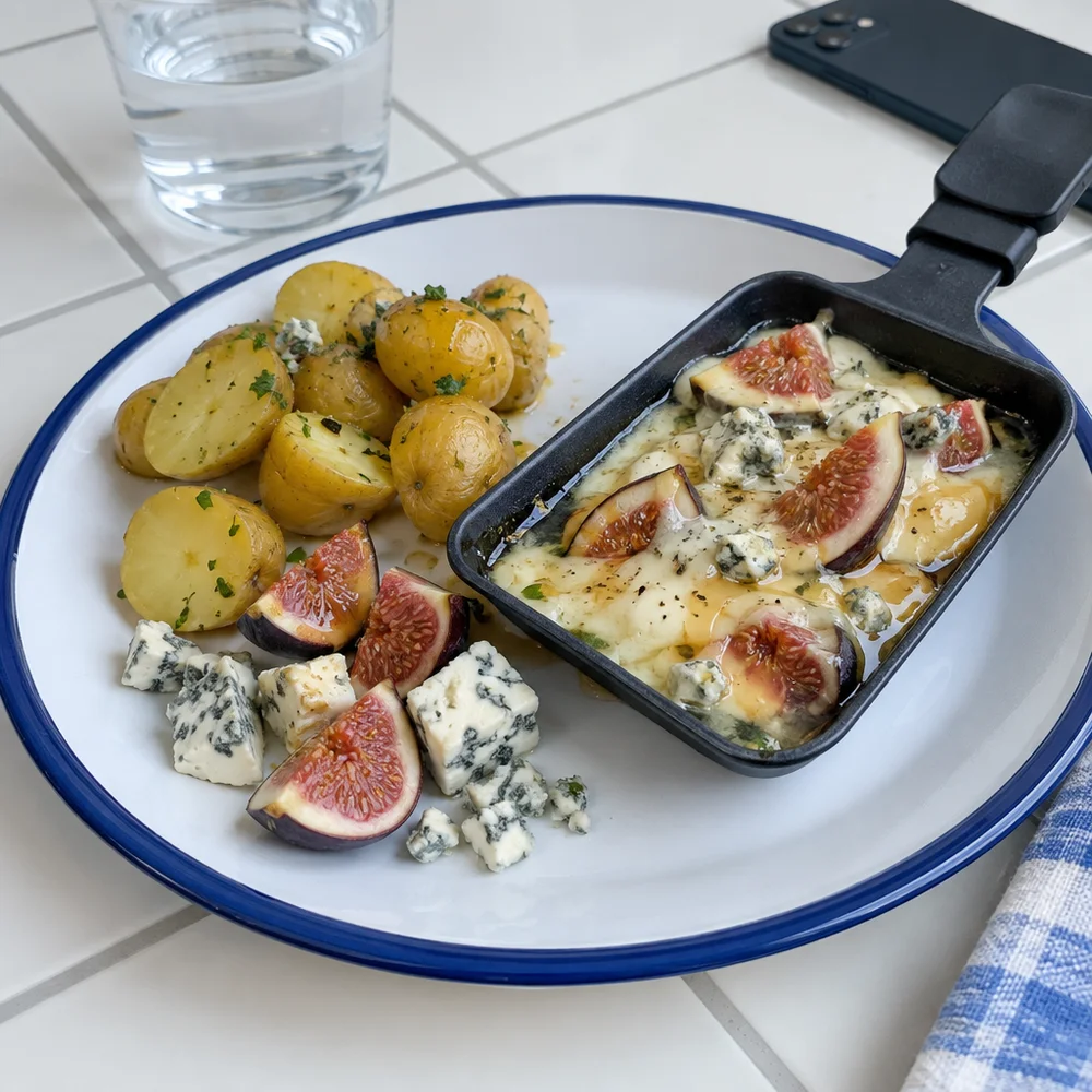 Vegetarian raclette pans with figs, gorgonzola and honey