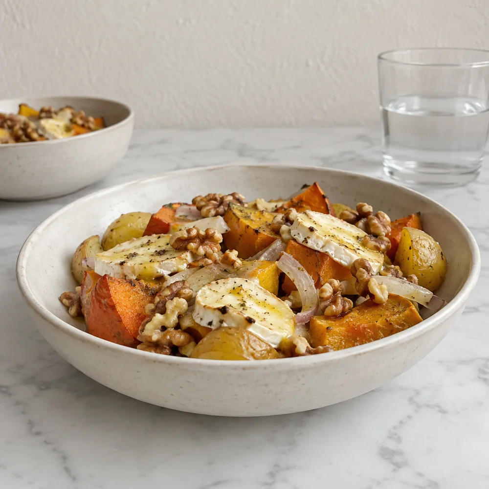 Vegetarian raclette pans with squash, goat's cheese and walnuts