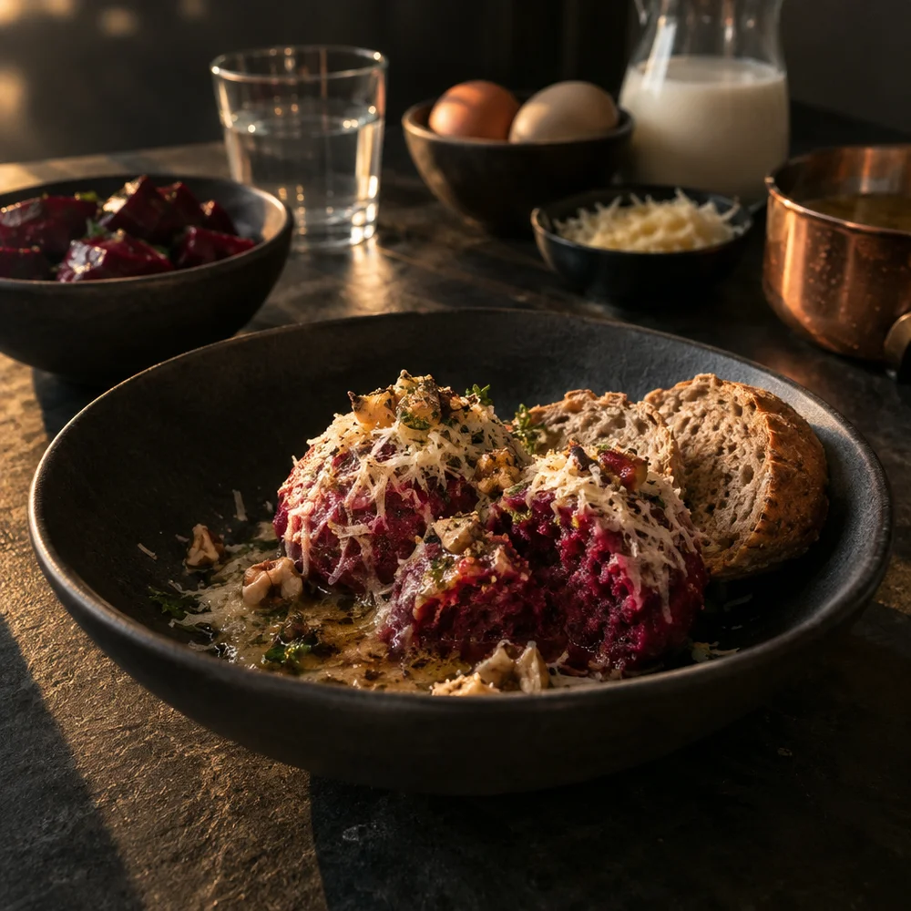 Vegetarian beetroot dumplings with Alpine cheese and brown butter