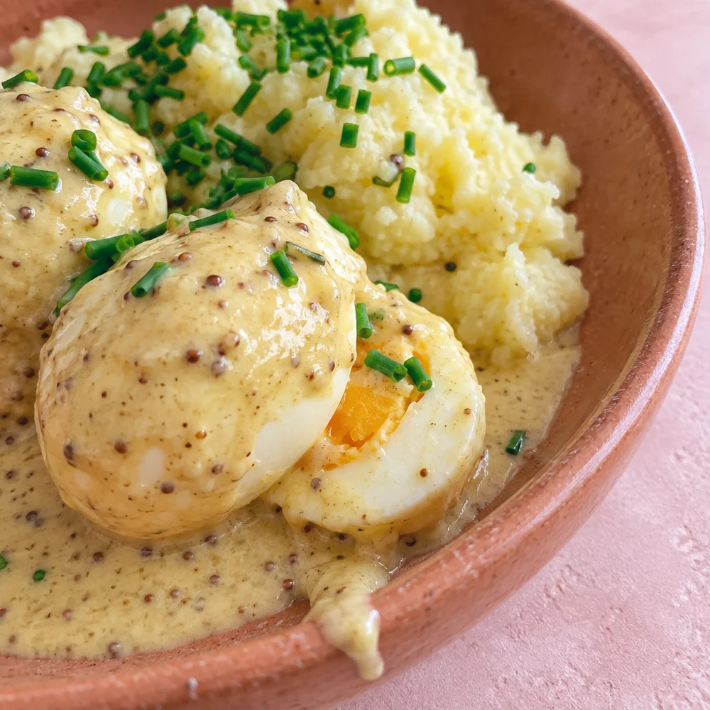 Vegetarian mustard eggs with mashed potato and chives