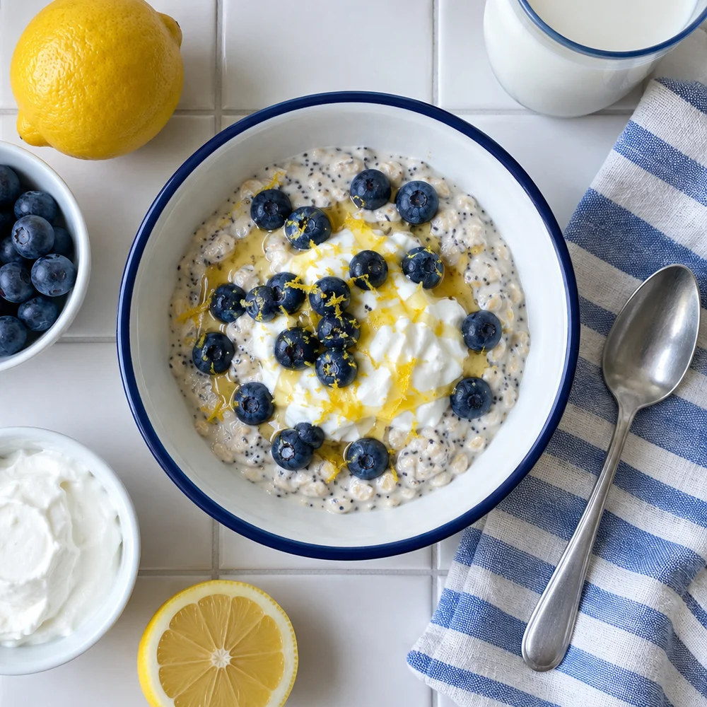 Vegetarian lemon and poppy seed overnight oats with skyr and blueberries