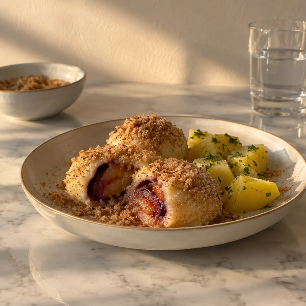Vegetarian plum dumplings with cinnamon breadcrumbs