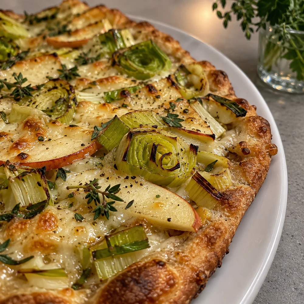 Vegetarian air fryer Flammkuchen (tarte flambée) with leek, apple and Alpine cheese