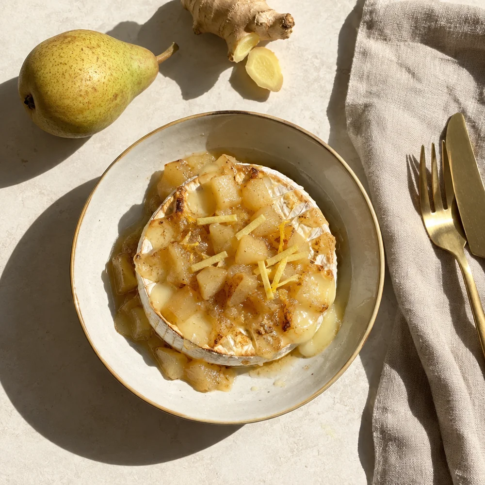 Vegetarian air fryer camembert with pear and ginger compote