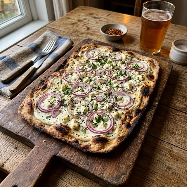 Vegetarian spelt Flammkuchen (tarte flambée) with feta