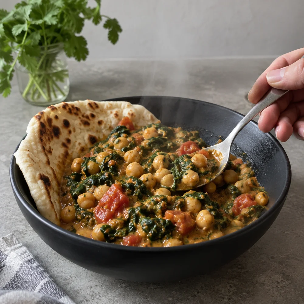 Vegetarian chickpea & spinach curry with naan