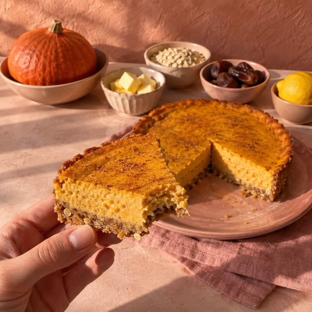 Vegetarian pumpkin cheesecake with an oat base