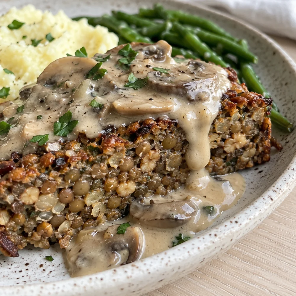 Vegetarian lentil and walnut roast with creamy mushroom sauce