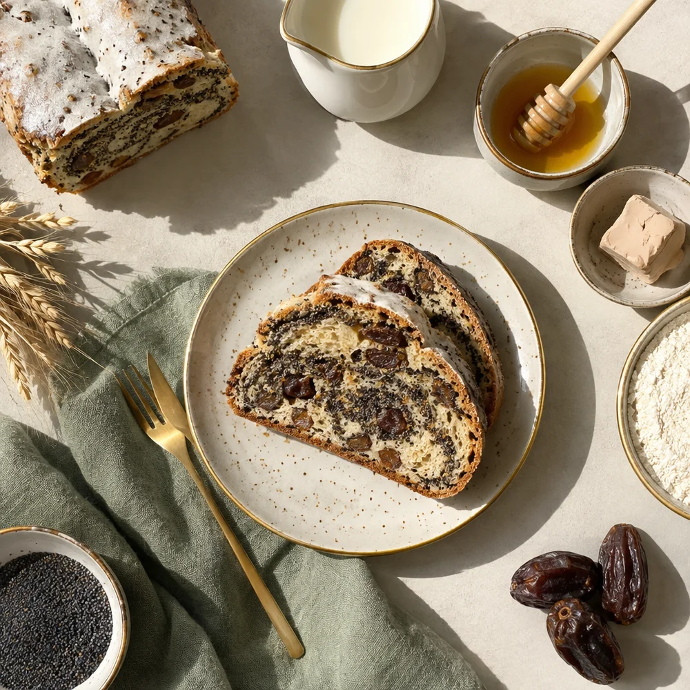 Vegetarian poppy seed stollen with dates and spelt