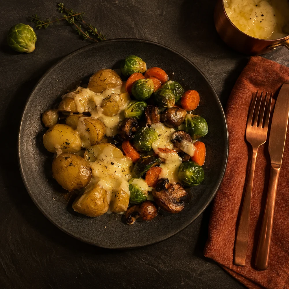 Vegetarian oven raclette with potatoes and winter veg
