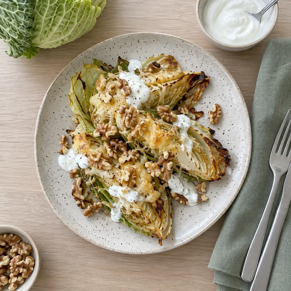 Vegetarian air fryer sweetheart cabbage with Alpine cheese and walnuts