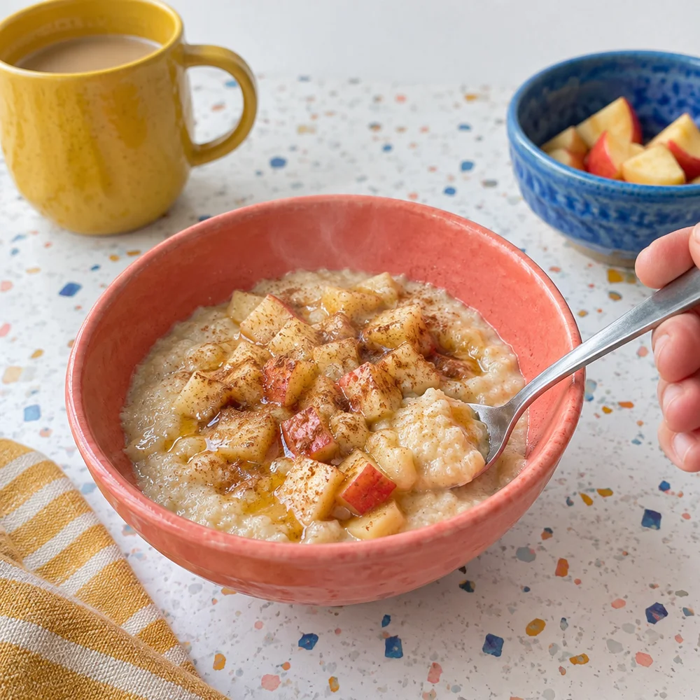 Vegetarian cinnamon apple semolina pudding with spelt