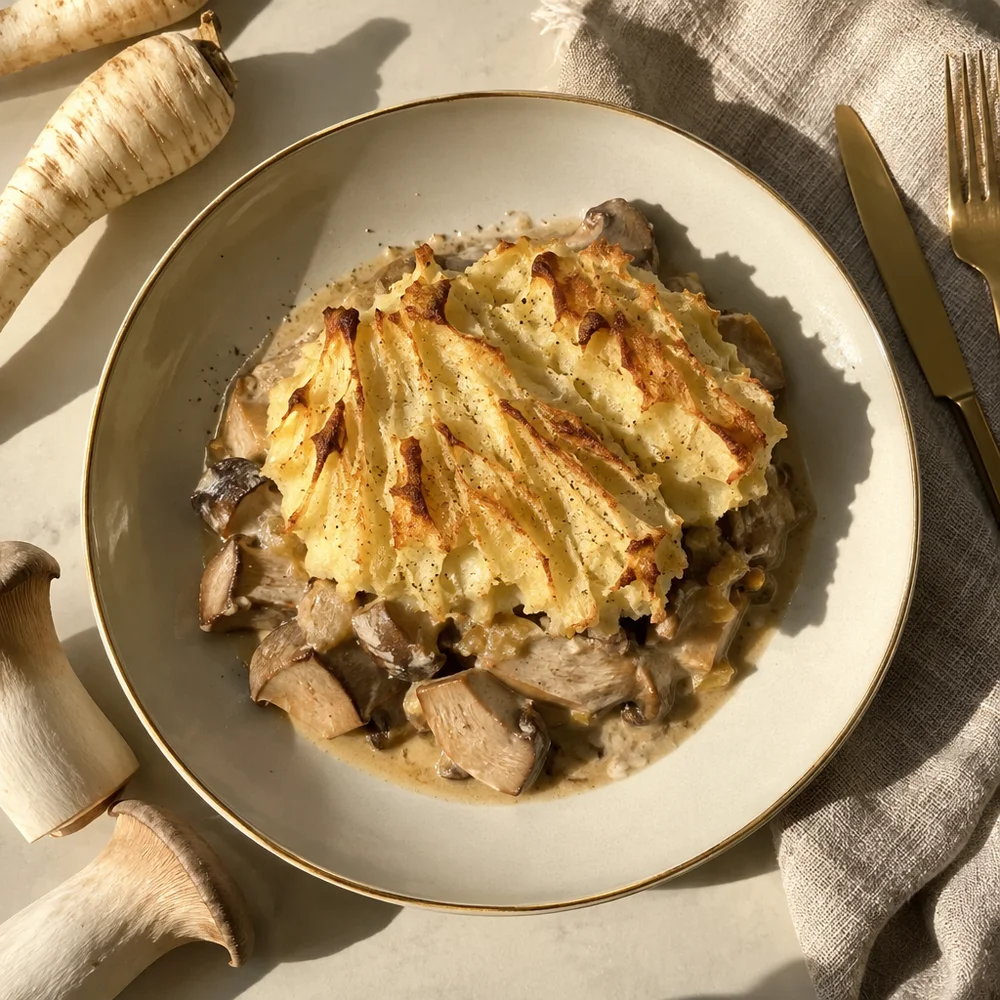 Vegetarian creamy mushroom ragout with a parsnip crust