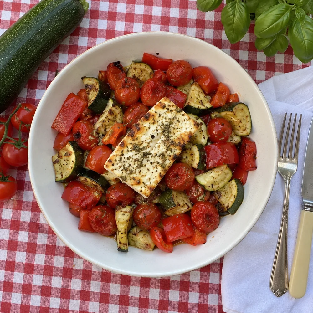 Vegetarian roasted vegetables with feta
