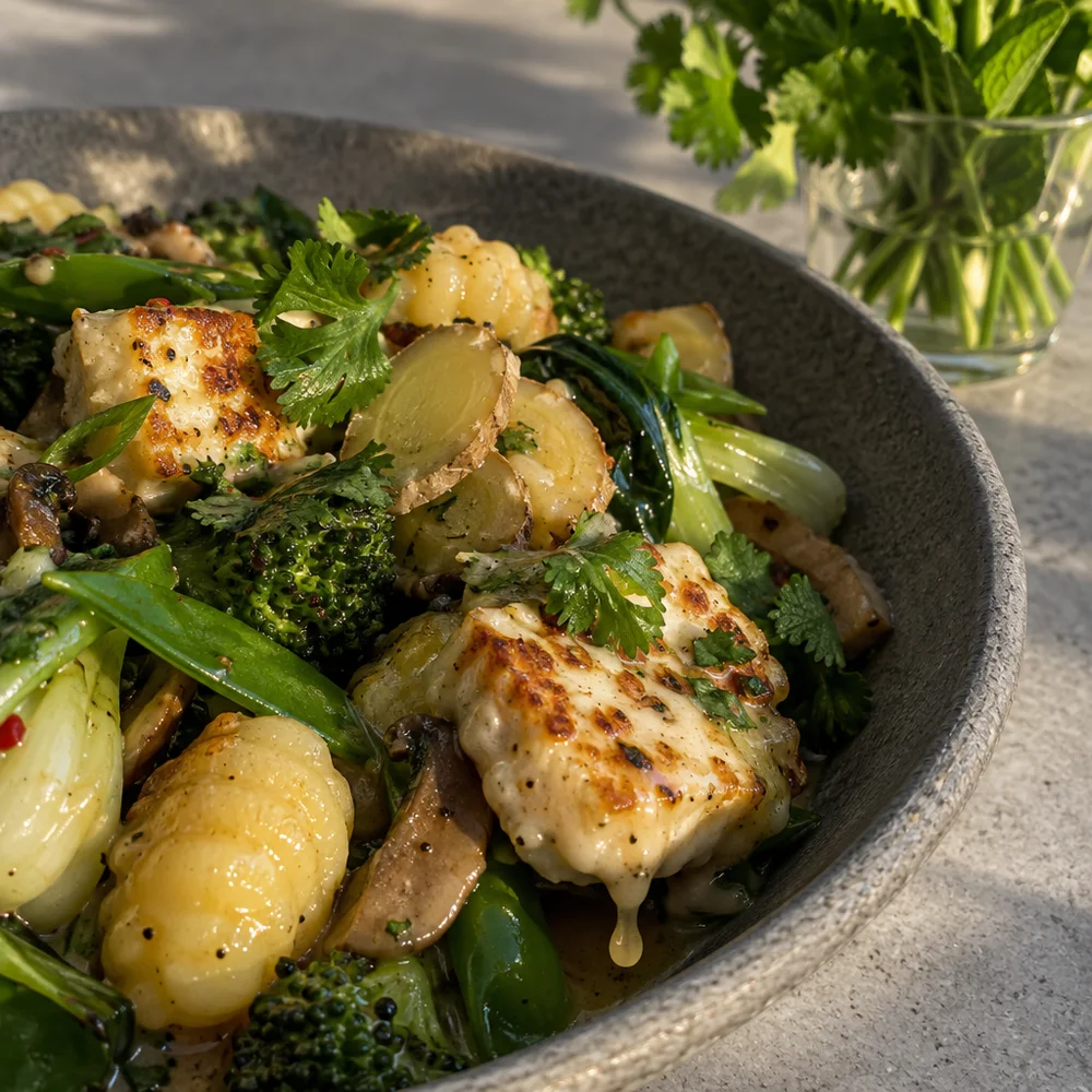 Vegetarian fondue chinoise with halloumi, gnocchi and veg