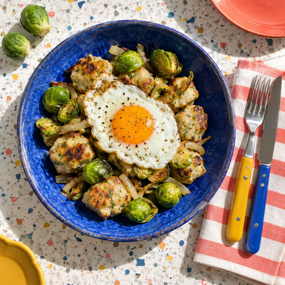 Vegetarian bread dumpling hash with Brussels sprouts and fried egg