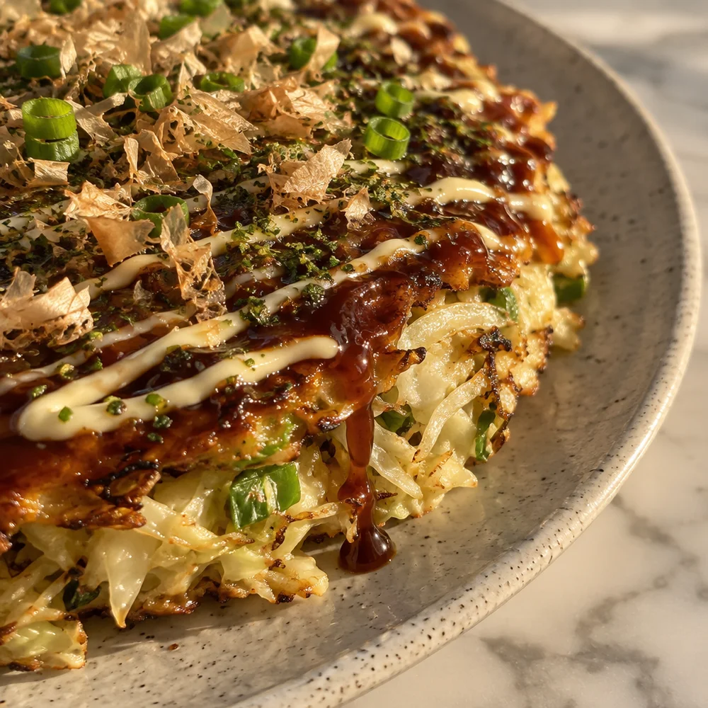 Vegetarian okonomiyaki with white cabbage and spring onions