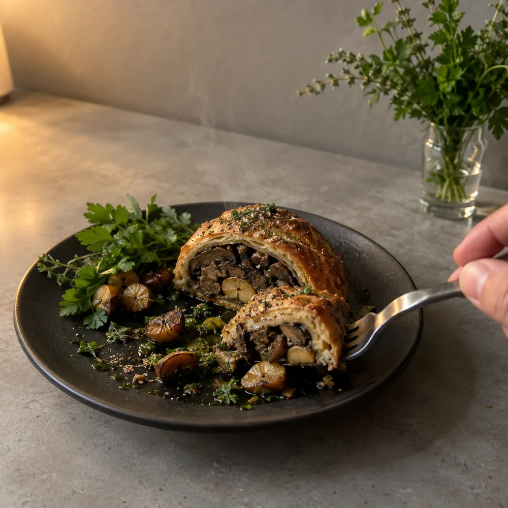 Vegetarian mushroom Wellington with chestnuts and quark and olive oil pastry