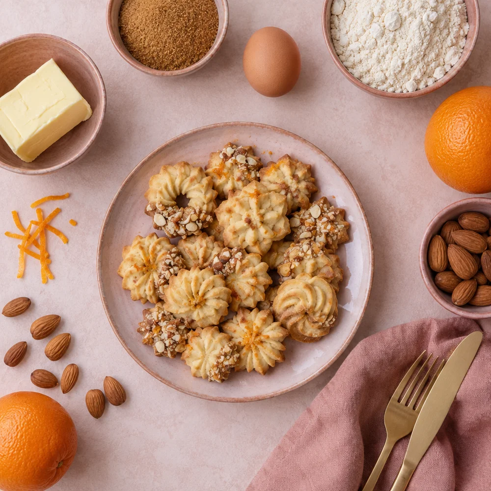 Vegetarian Christmas Spritzgebäck (piped butter cookies) with almonds and orange
