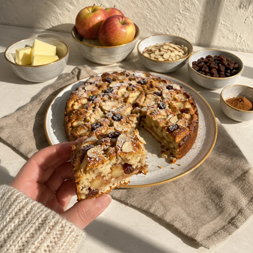 Sunken baked apple cake with almonds and raisins
