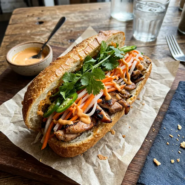 Vietnamese banh mi sandwich with chicken and pickled veg