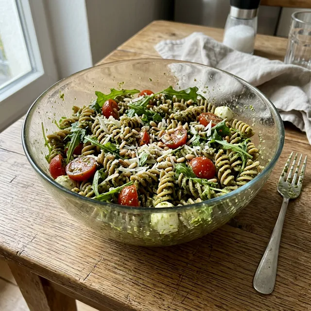 Vegan wholewheat pasta salad with pesto and tomatoes