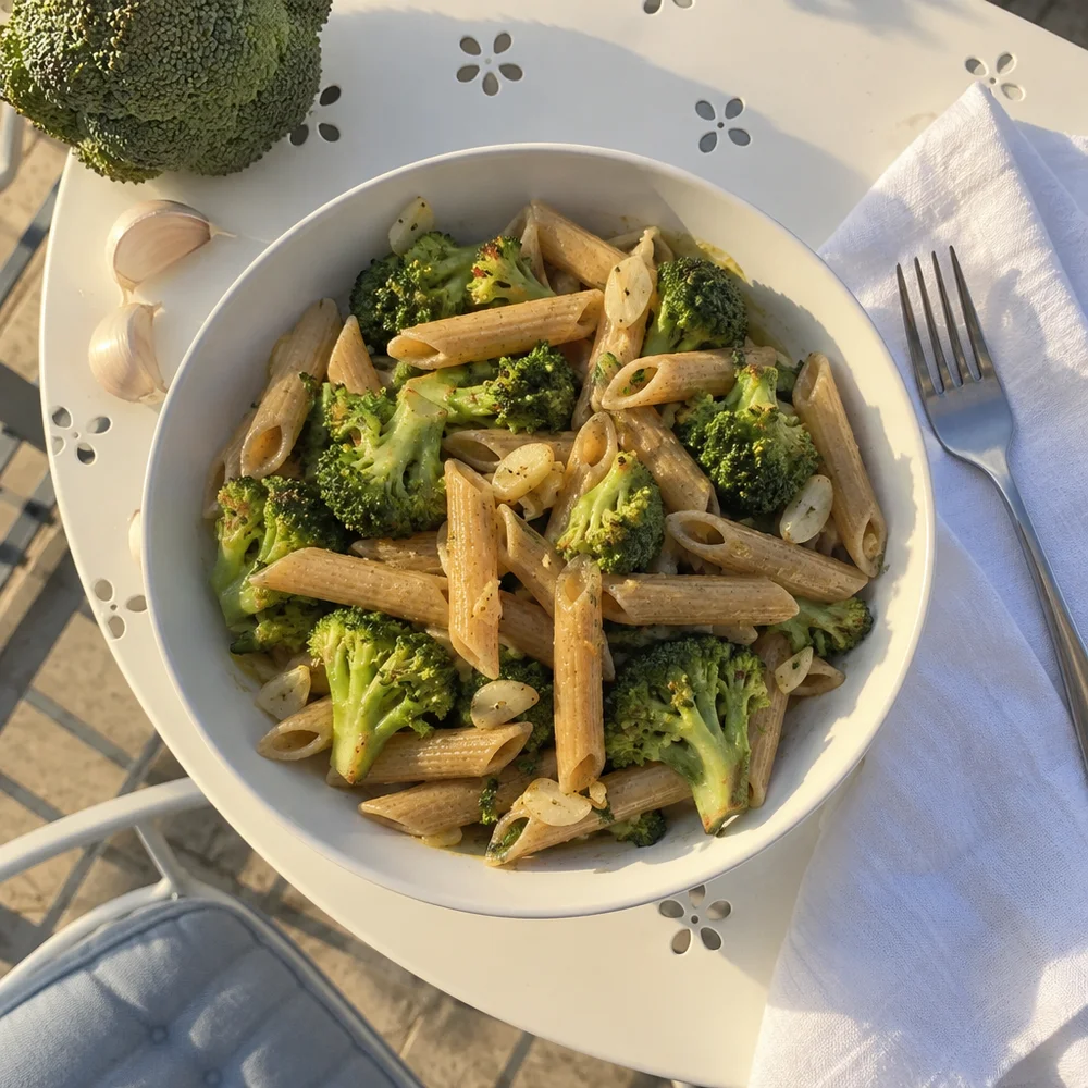 Vegan wholewheat pasta with broccoli and garlic