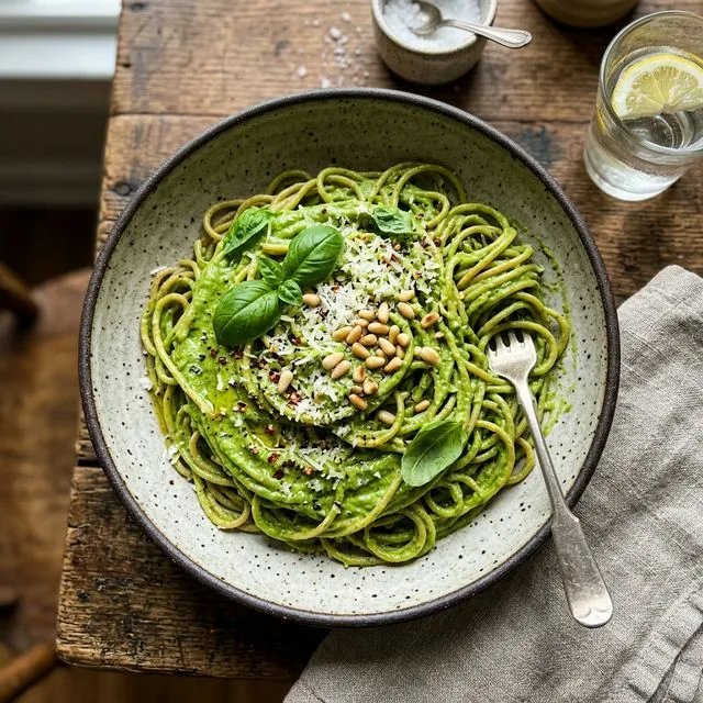 Wholewheat pasta with creamy avocado and spinach sauce