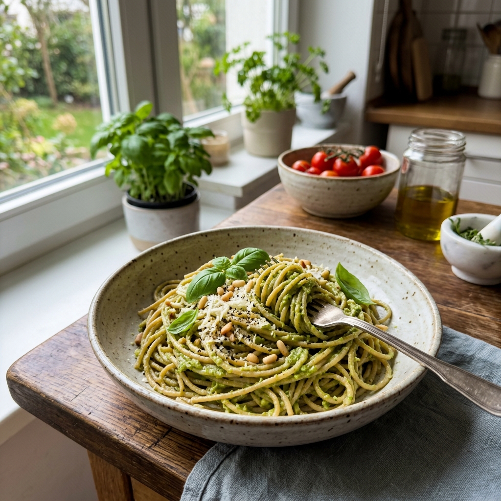 Wholewheat spaghetti with avocado pesto