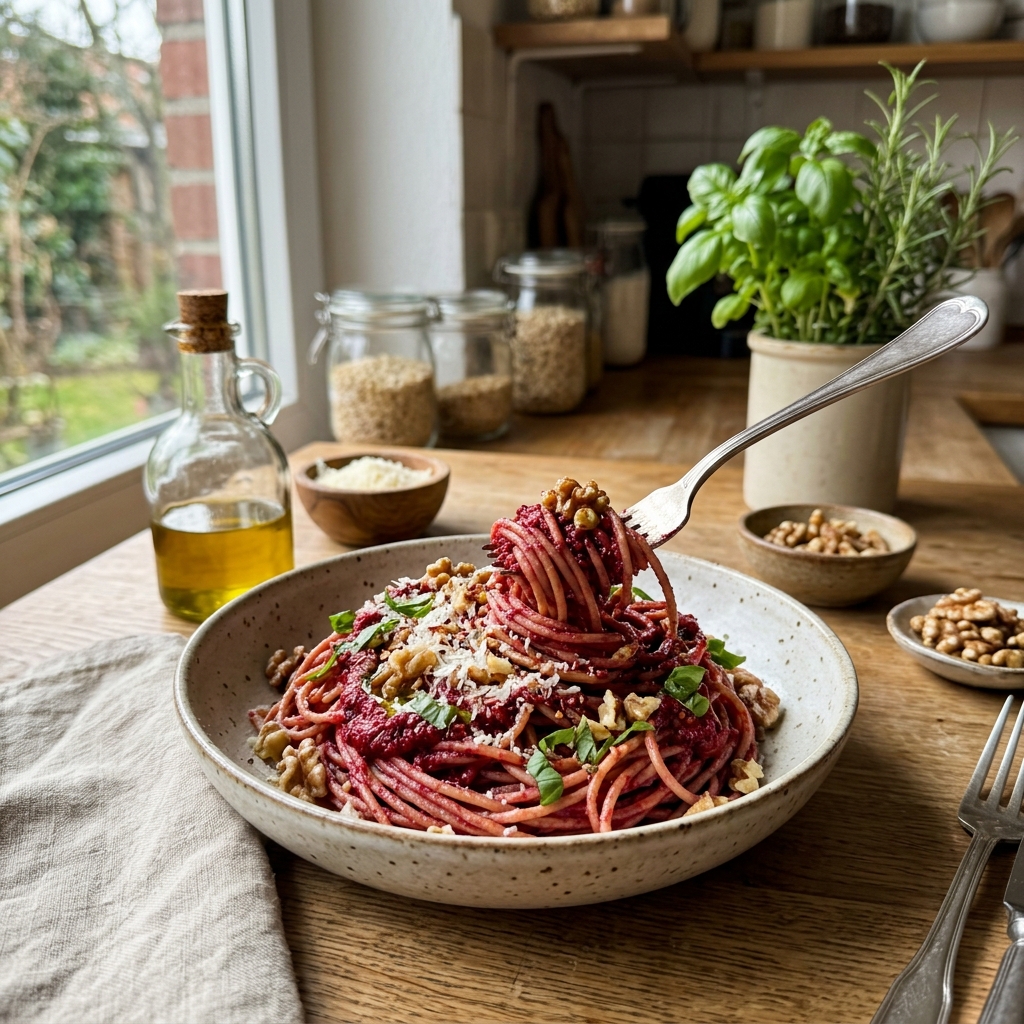 Vegan wholewheat spaghetti with beetroot pesto