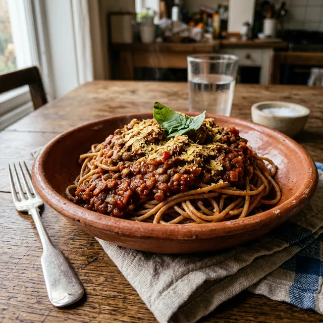 Wholewheat spaghetti with hidden veg bolognese