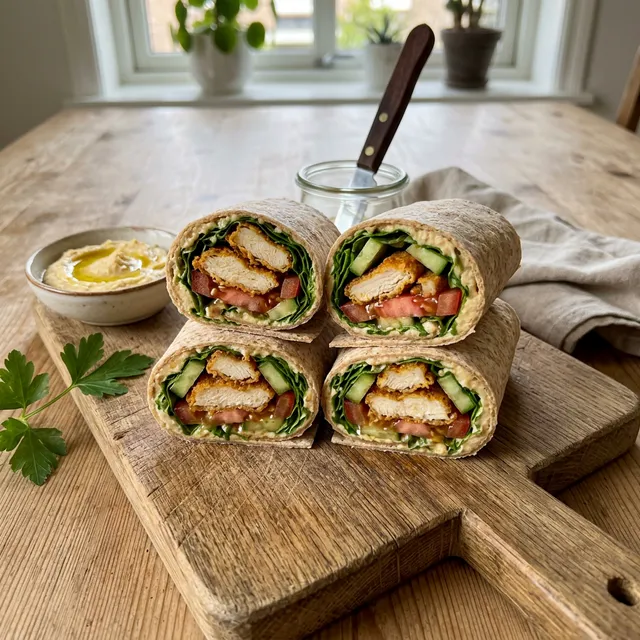 Wholemeal wraps with chicken and hummus