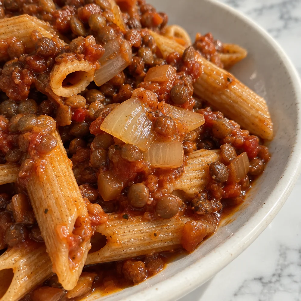 Vegan brown rice pasta with lentil and red wine bolognese