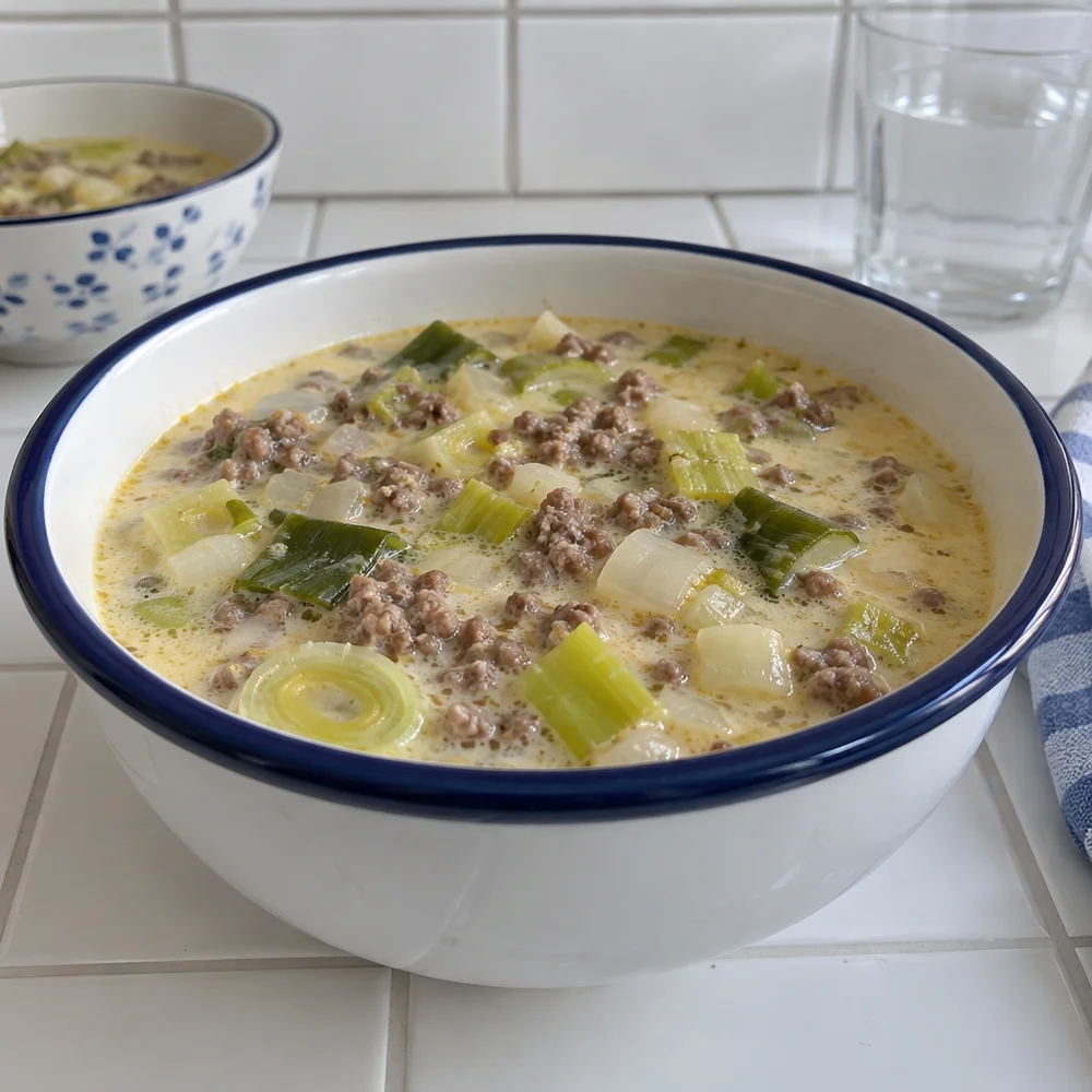 Warming leek and cheese soup with beef mince