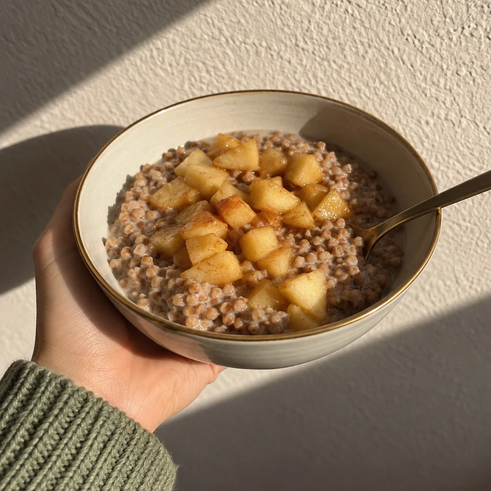 Warm buckwheat porridge with caramelised apples